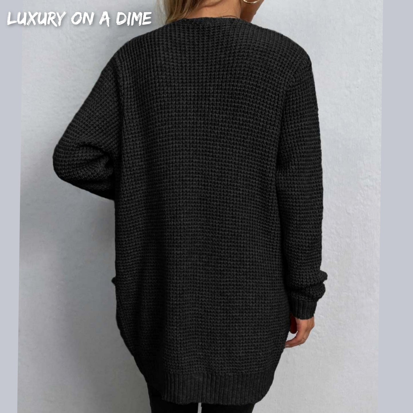 Waffle Knit Longline Open Front Sweater Pocket Cardigan