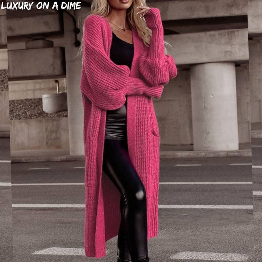 Longline Heavy Waffle Knit Lantern Sleeve Classic Patch Pocket Duster Cardigan
