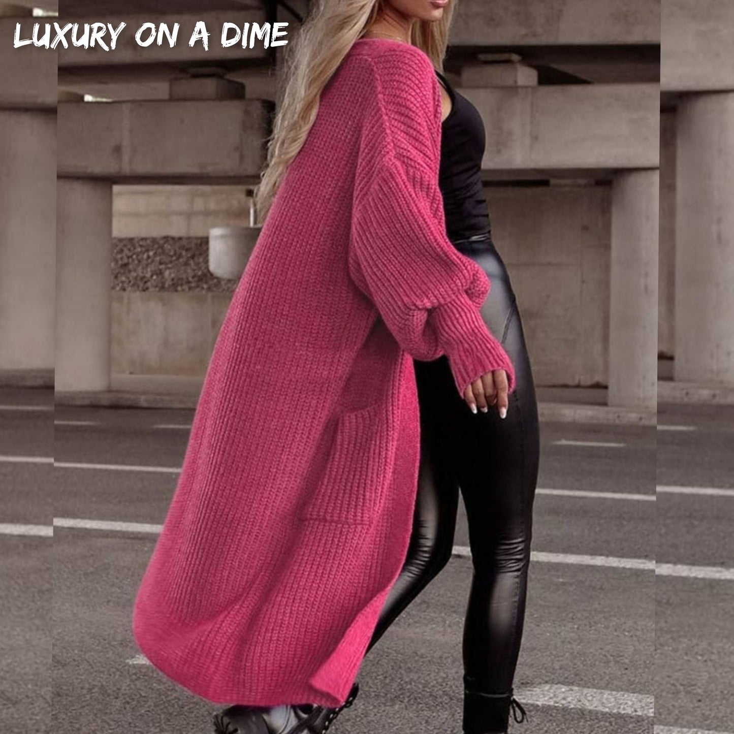 Longline Heavy Waffle Knit Lantern Sleeve Classic Patch Pocket Duster Cardigan