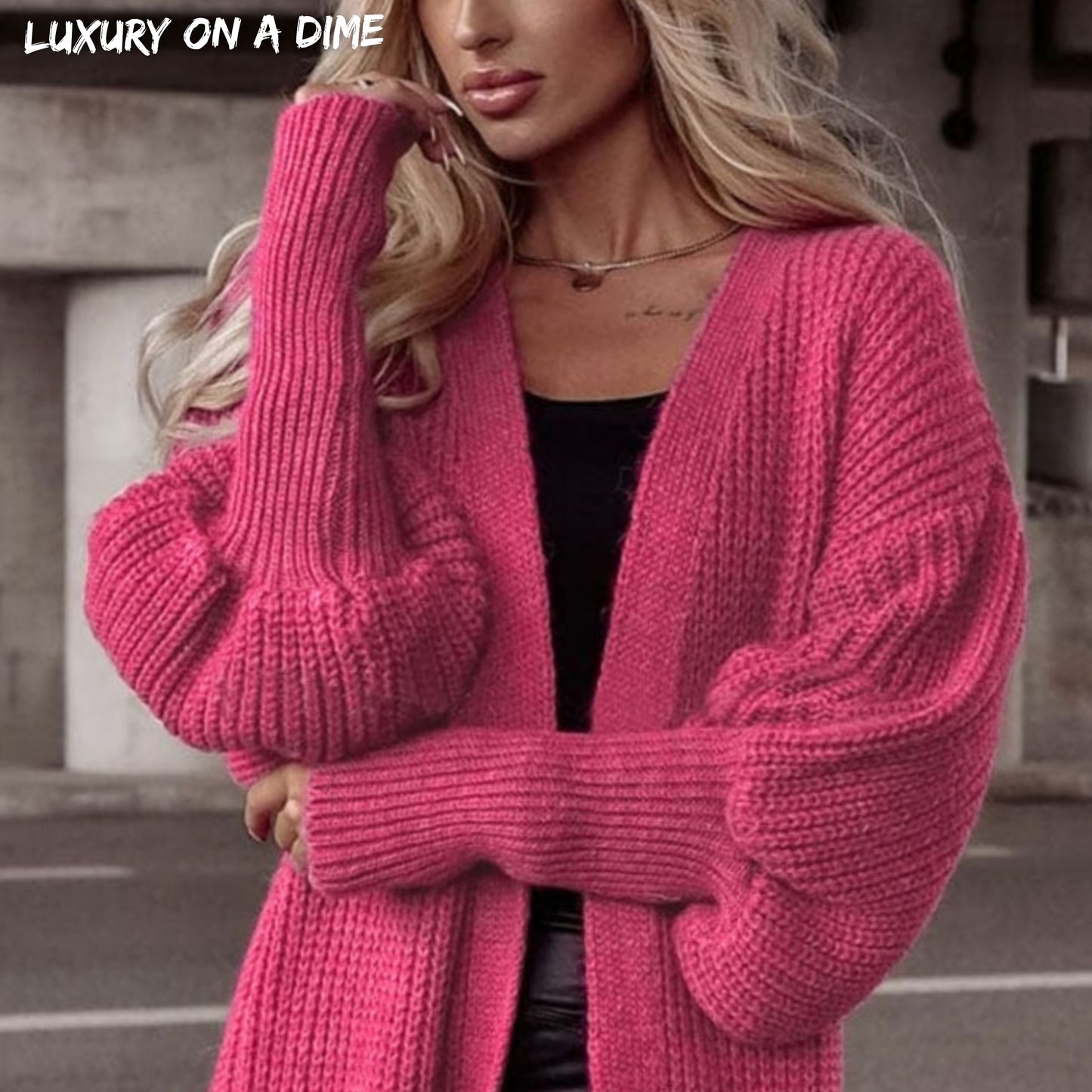 Longline Heavy Waffle Knit Lantern Sleeve Classic Patch Pocket Duster Cardigan