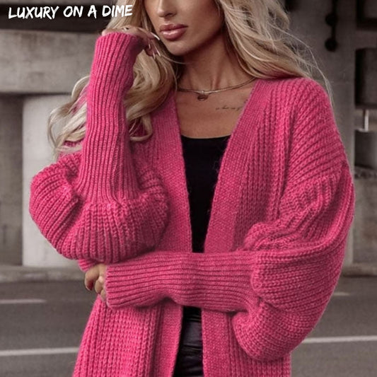 Longline Heavy Waffle Knit Lantern Sleeve Classic Patch Pocket Duster Cardigan