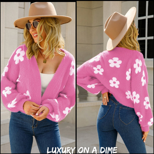 Fuzzy Soft Knit Flower Print Open Front Colorful Cardigan Sweater