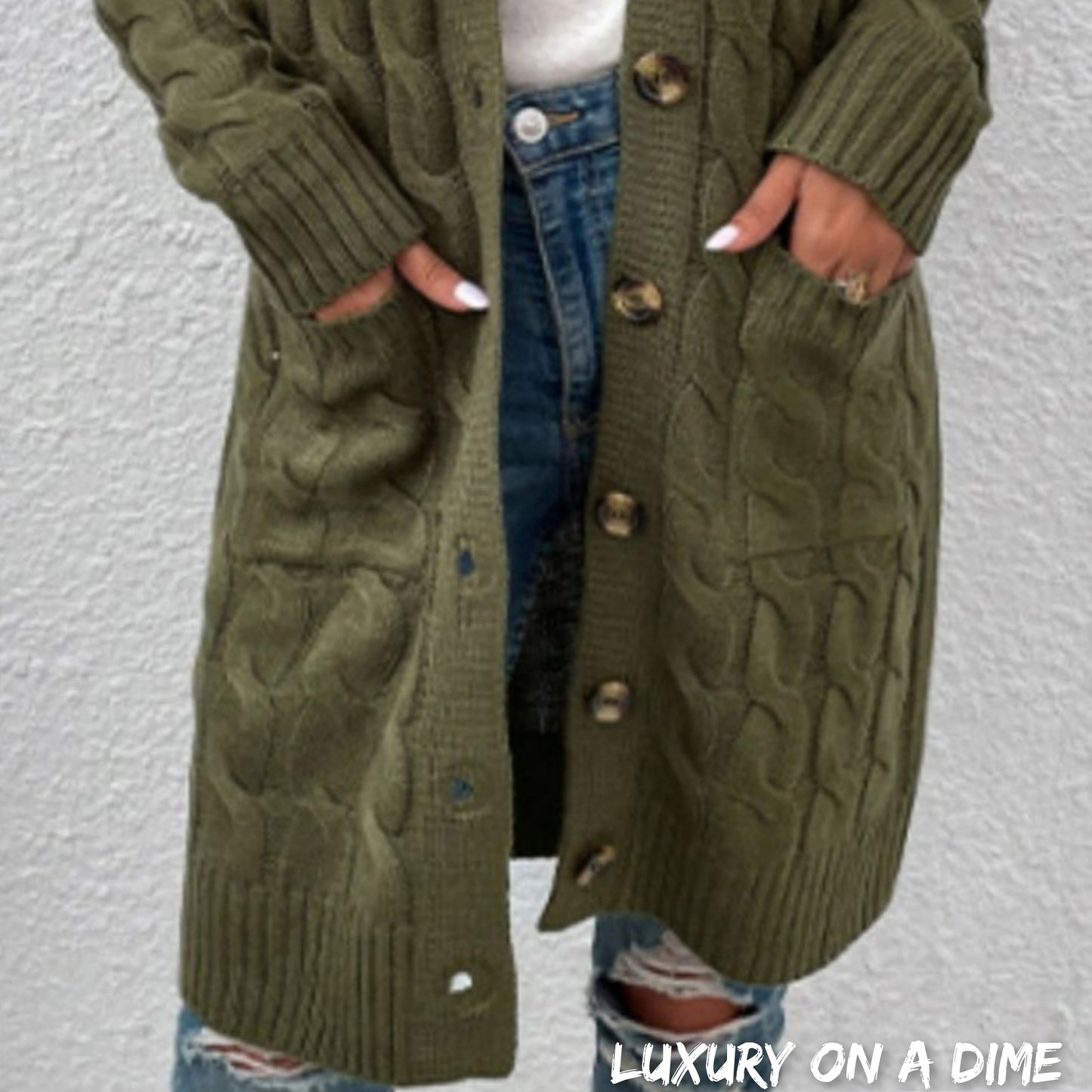 Chunky Cable-Knit Classic Button Front Long Cardigan with Pockets