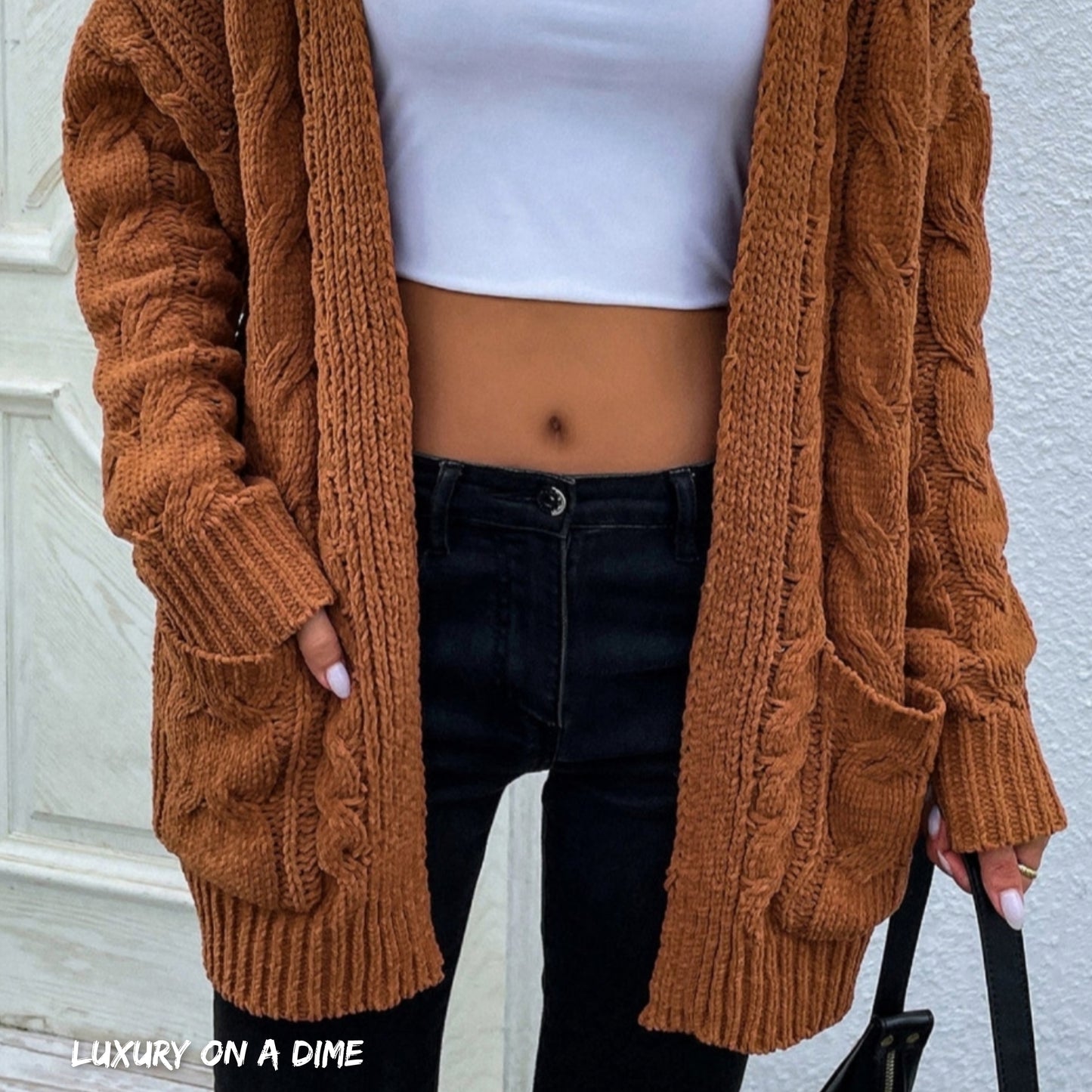 Cable-Knit Long Classic Open Front Pocket Fall Winter Boho Cardigan