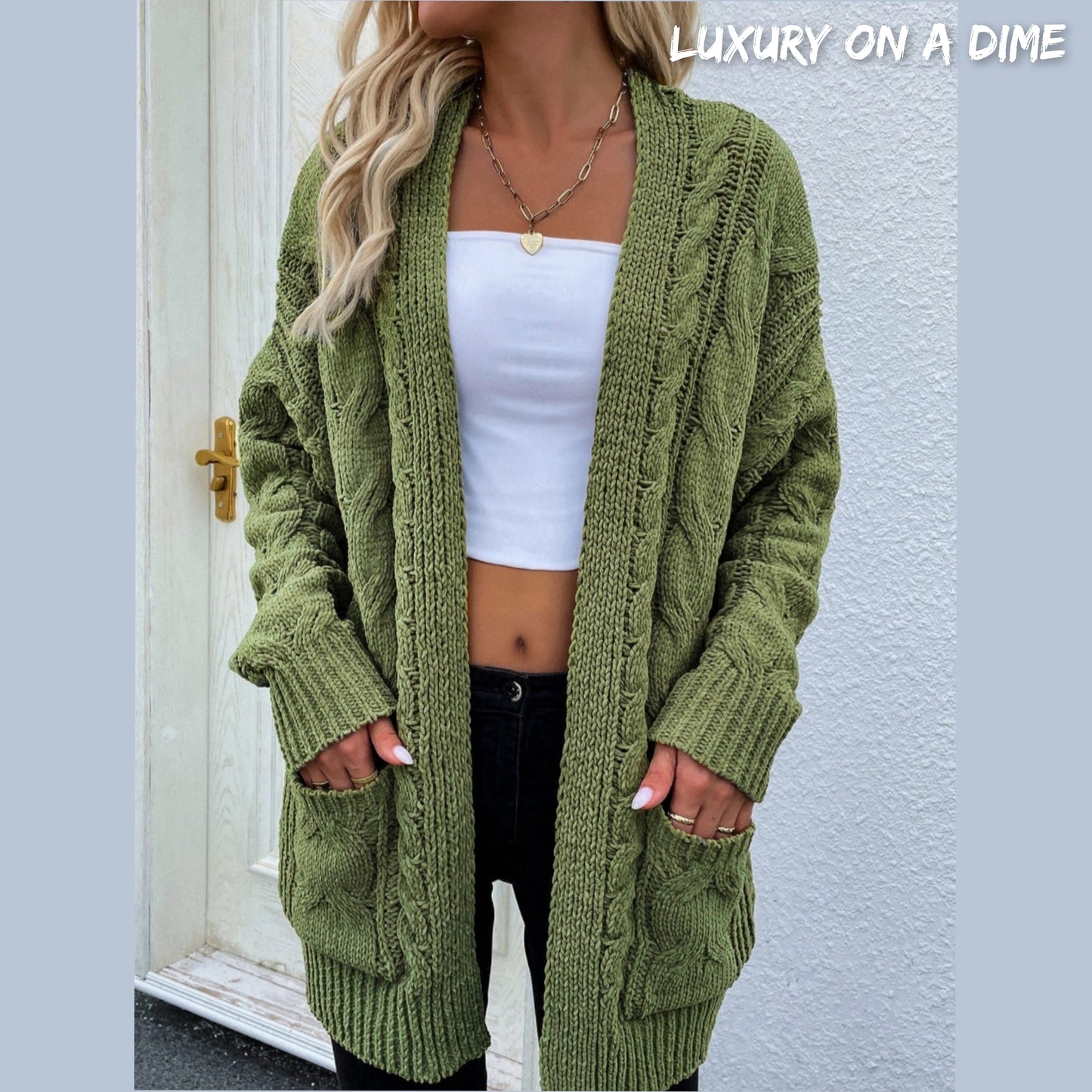 Cable-Knit Long Classic Open Front Pocket Fall Winter Boho Cardigan