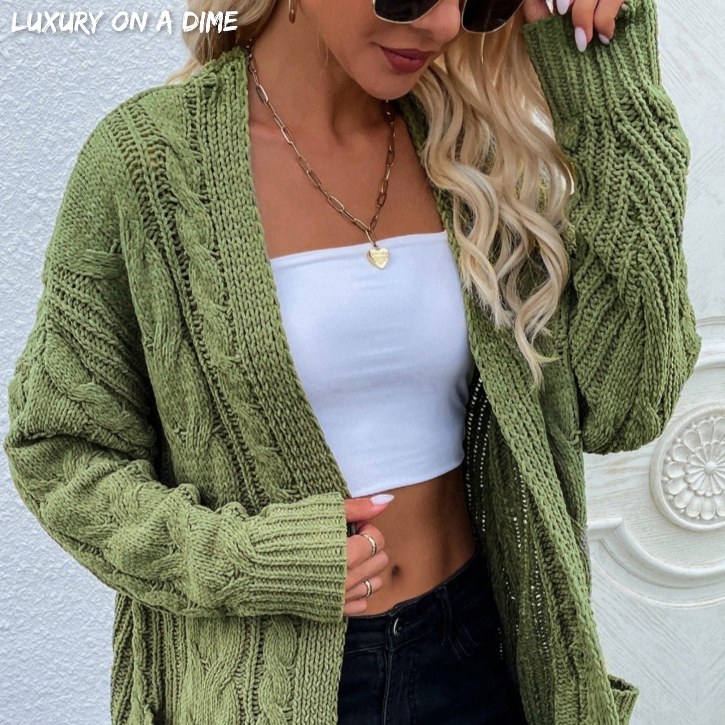 Cable-Knit Long Classic Open Front Pocket Fall Winter Boho Cardigan
