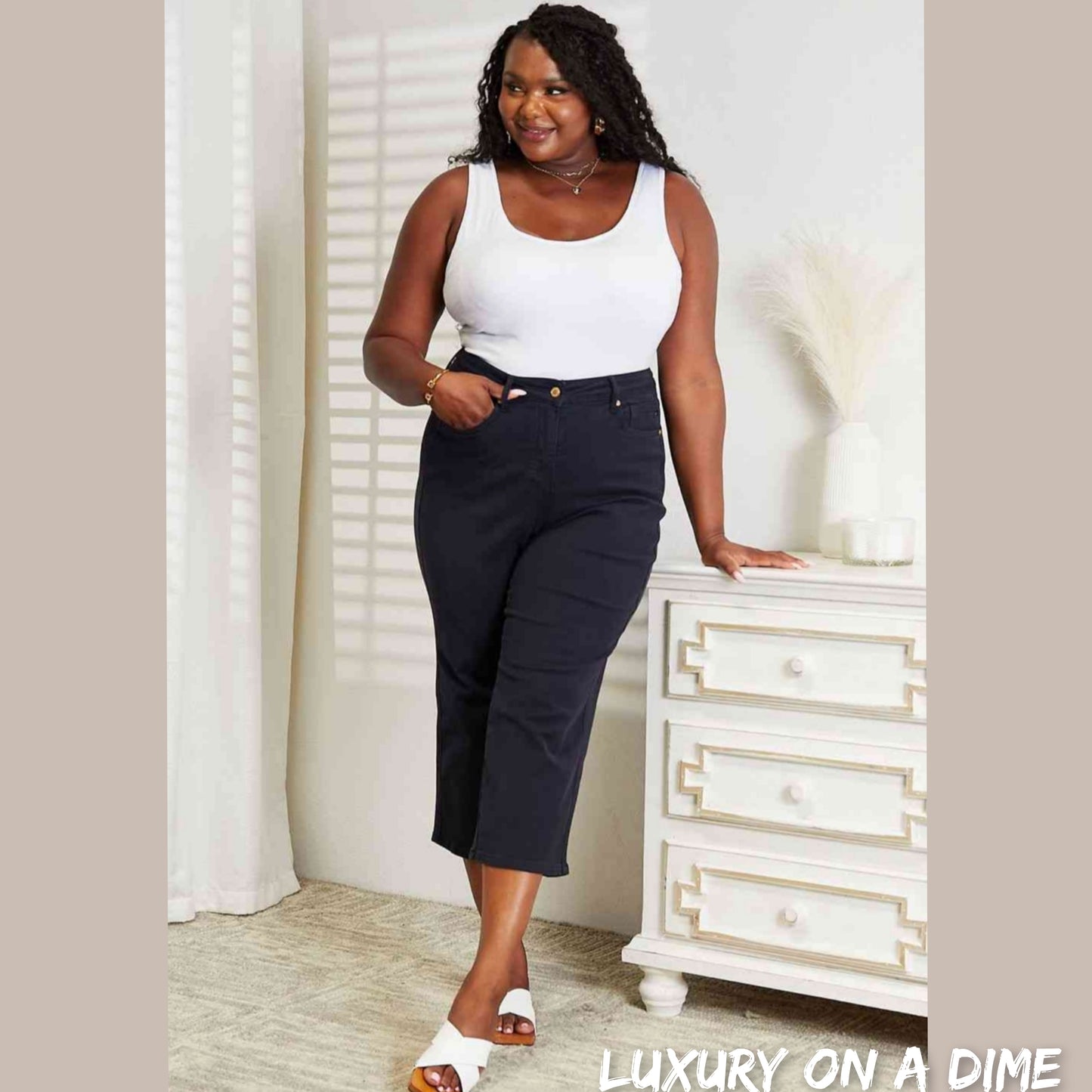 Tummy Control High Waist Navy Demim Jean Judy Blue Cropped Pants