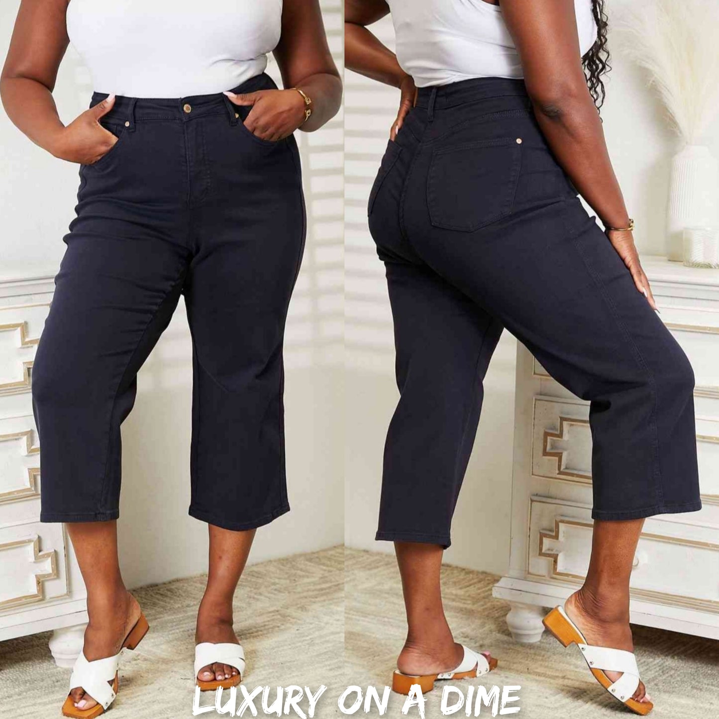 Tummy Control High Waist Navy Demim Jean Judy Blue Cropped Pants