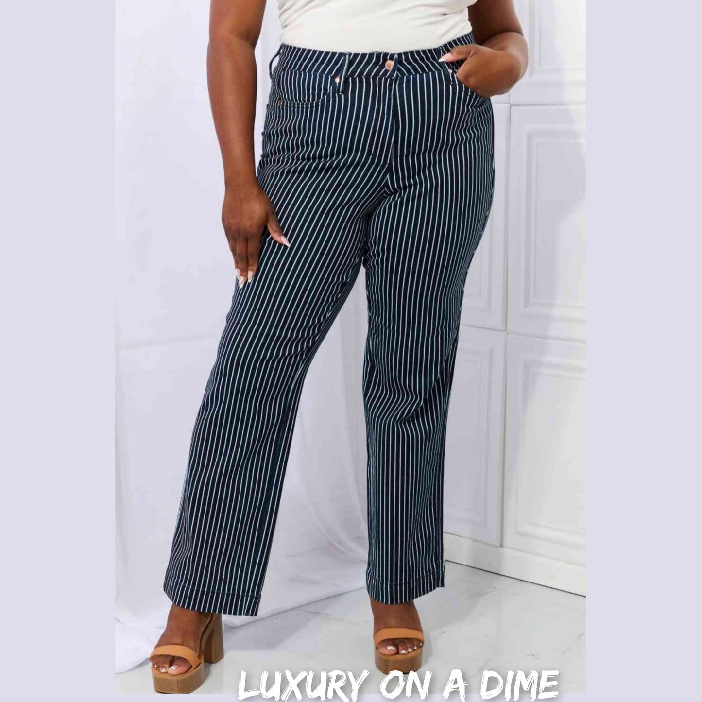 Judy Blue Cassidy Full Size High Waisted Tummy Control Striped Straight Jeans