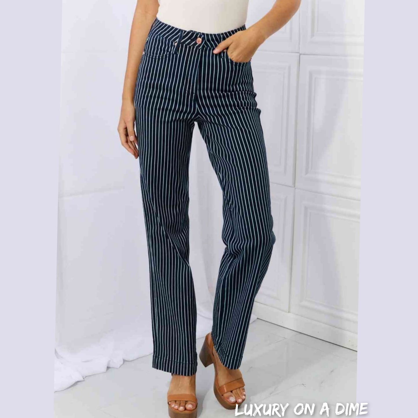 Judy Blue Cassidy Full Size High Waisted Tummy Control Striped Straight Jeans