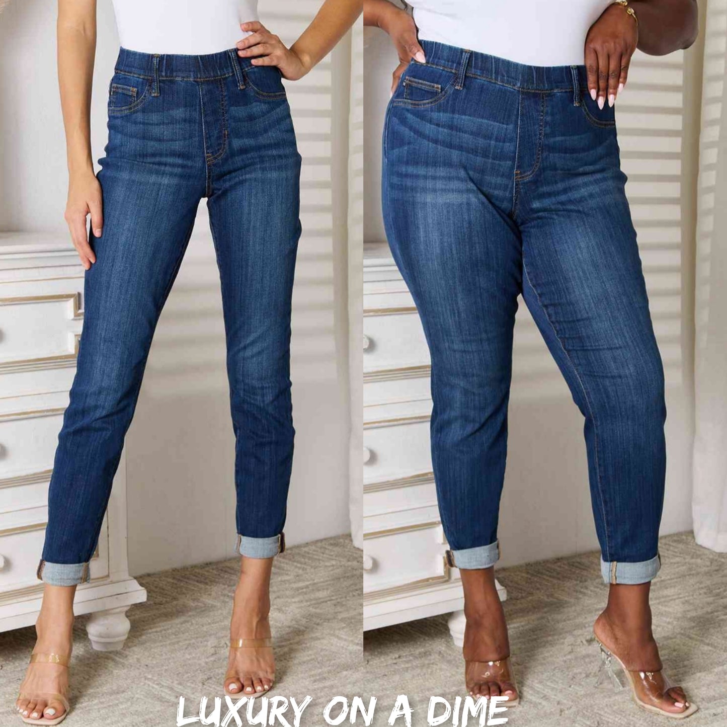 Skinny Ankle Cuffed Pants Cropped Dark Whisker Wash Stretch Denim Judy Blue Jeans