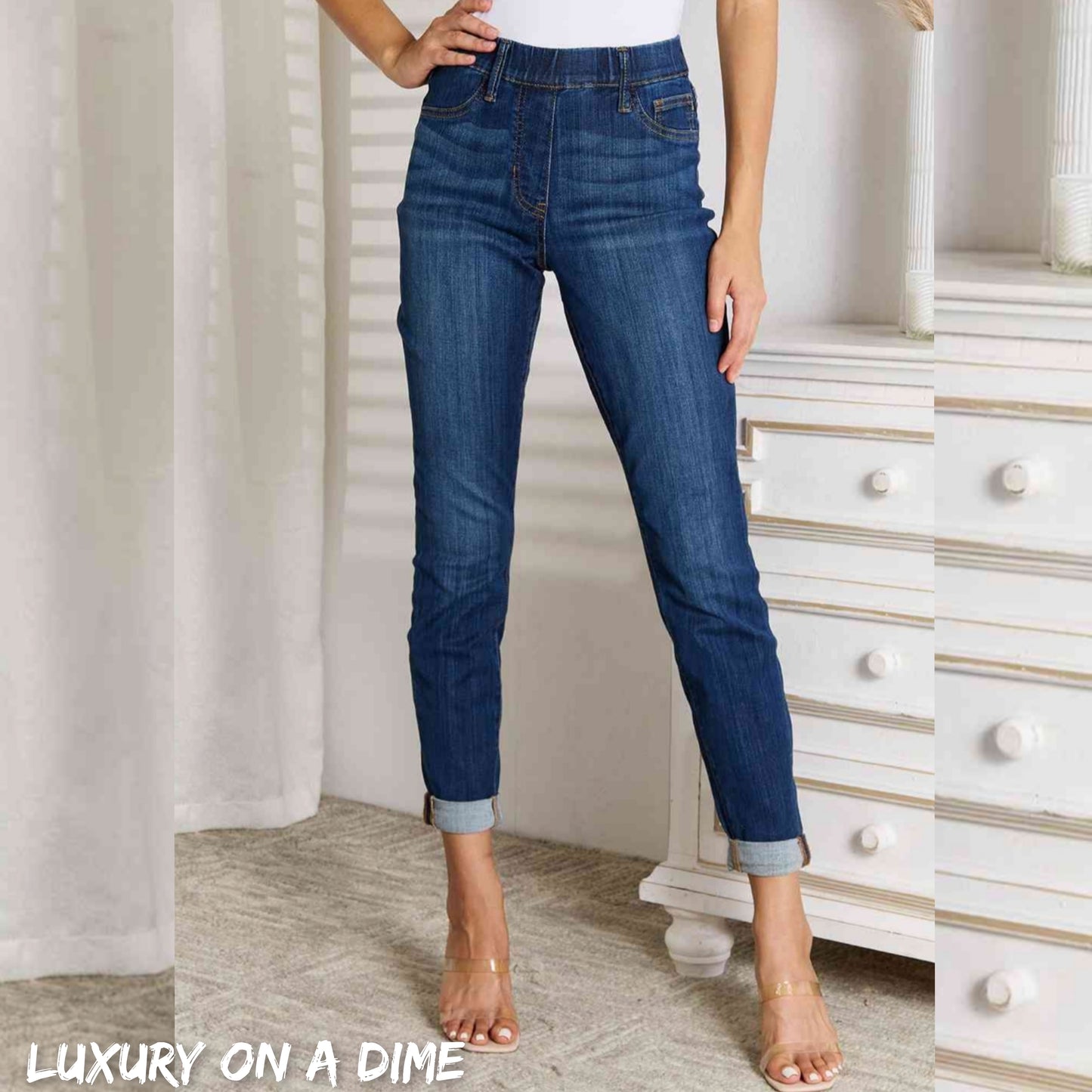 Skinny Ankle Cuffed Pants Cropped Dark Whisker Wash Stretch Denim Judy Blue Jeans