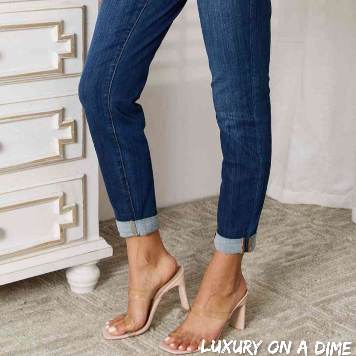 Skinny Ankle Cuffed Pants Cropped Dark Whisker Wash Stretch Denim Judy Blue Jeans