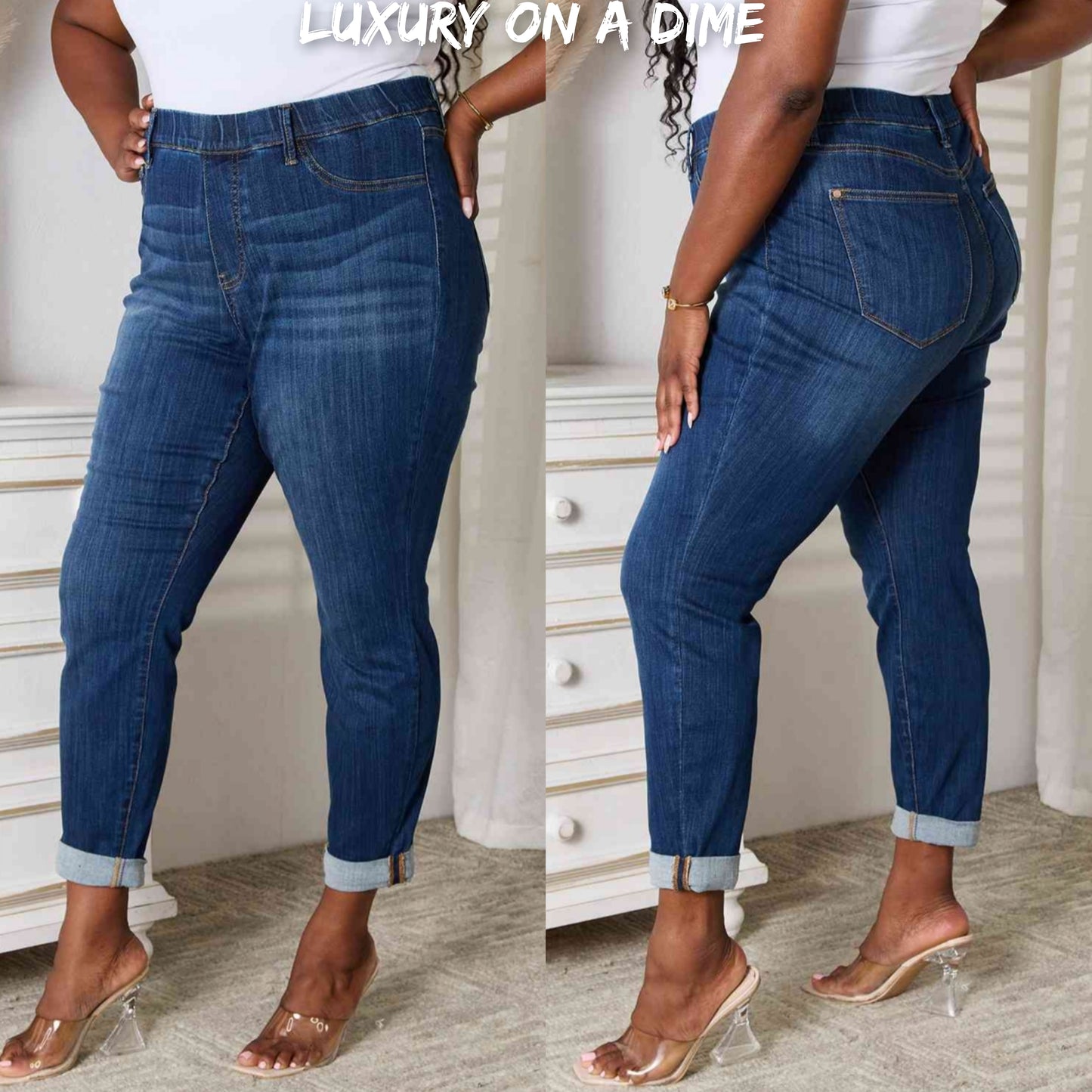 Skinny Ankle Cuffed Pants Cropped Dark Whisker Wash Stretch Denim Judy Blue Jeans
