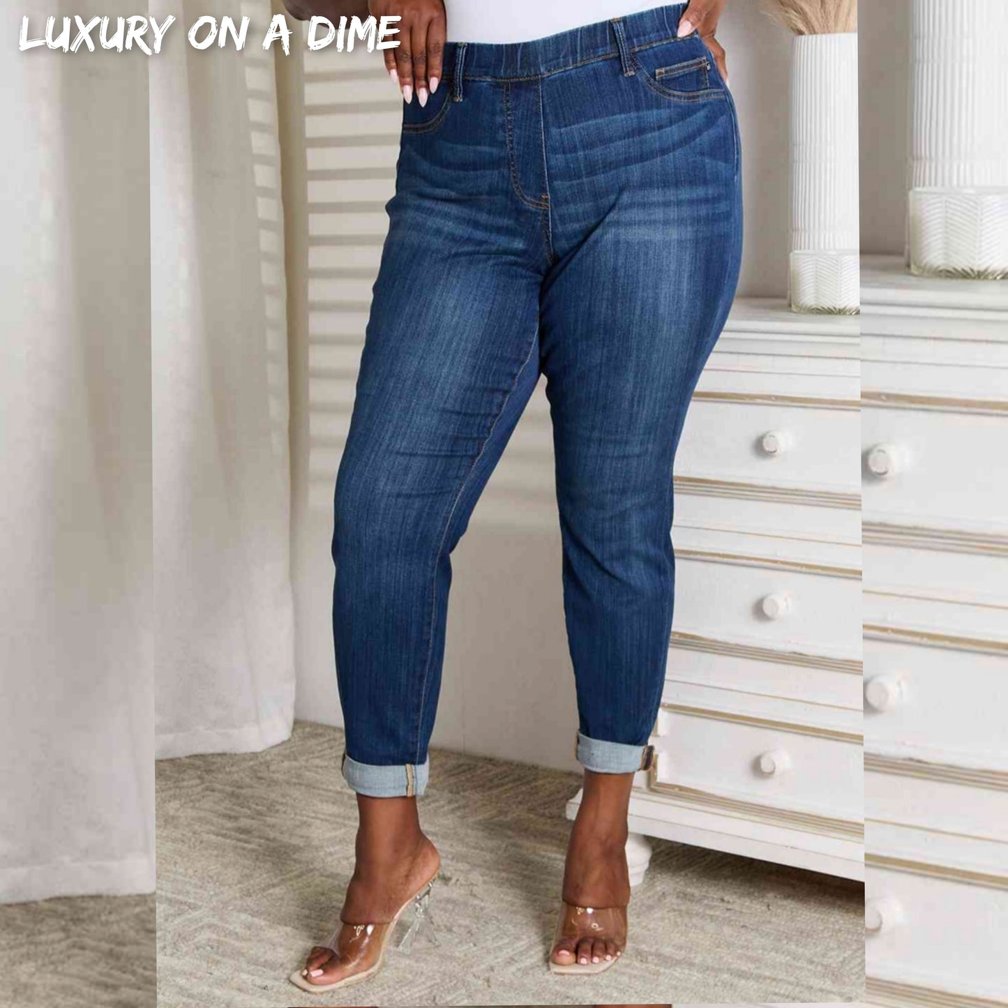 Skinny Ankle Cuffed Pants Cropped Dark Whisker Wash Stretch Denim Judy Blue Jeans
