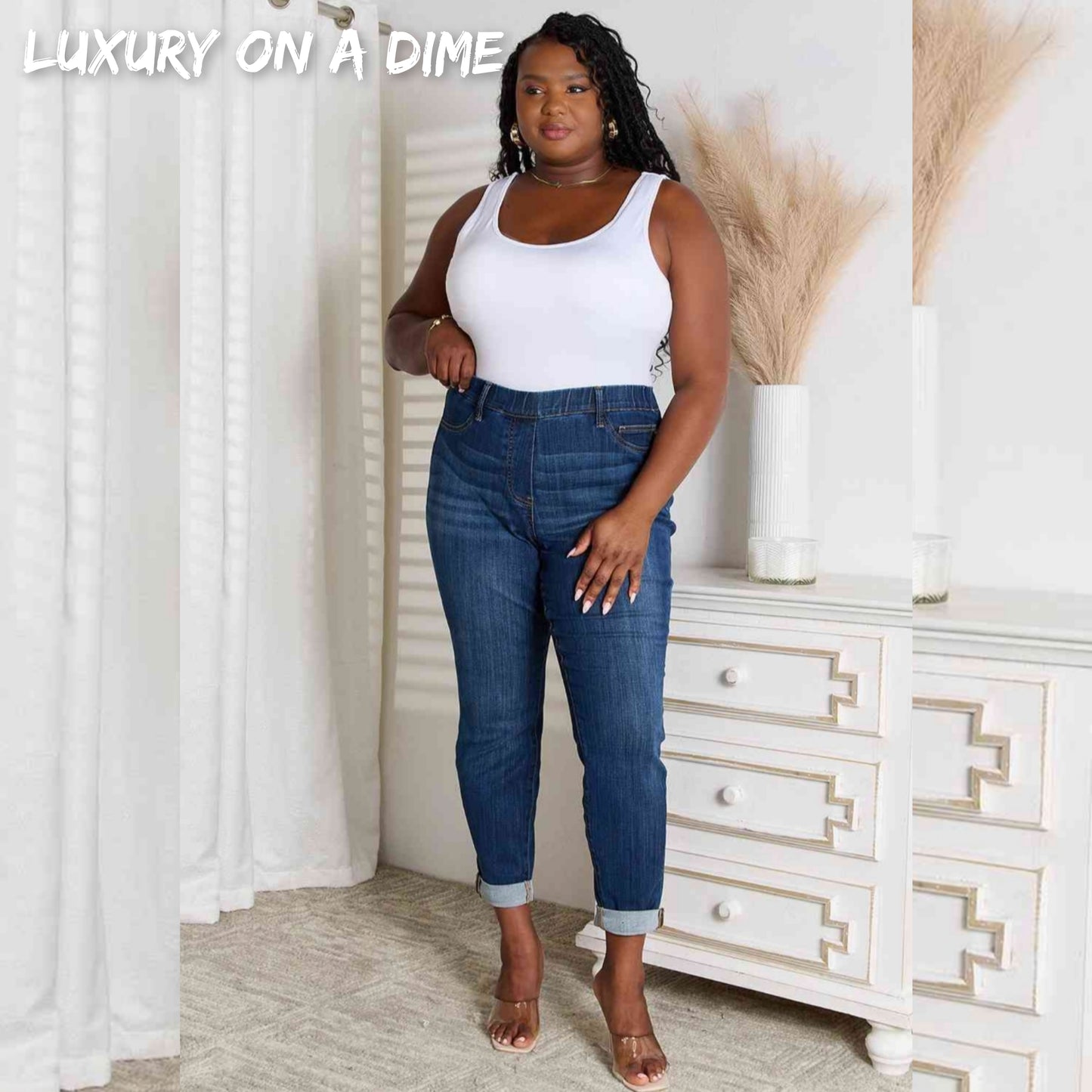 Skinny Ankle Cuffed Pants Cropped Dark Whisker Wash Stretch Denim Judy Blue Jeans