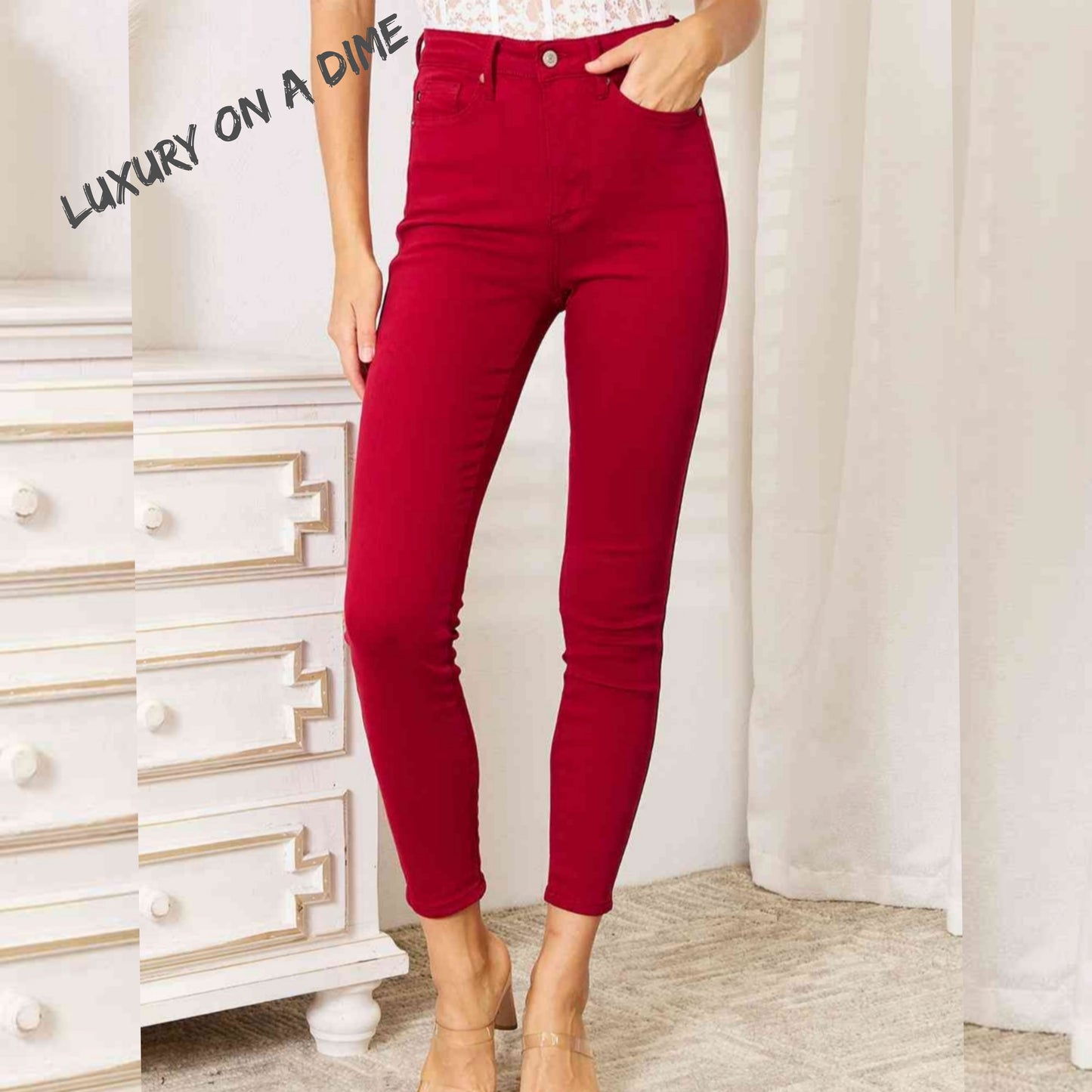 Tummy Control High-Rise Waist Red Demim Judy Blue Skinny Jean Pants