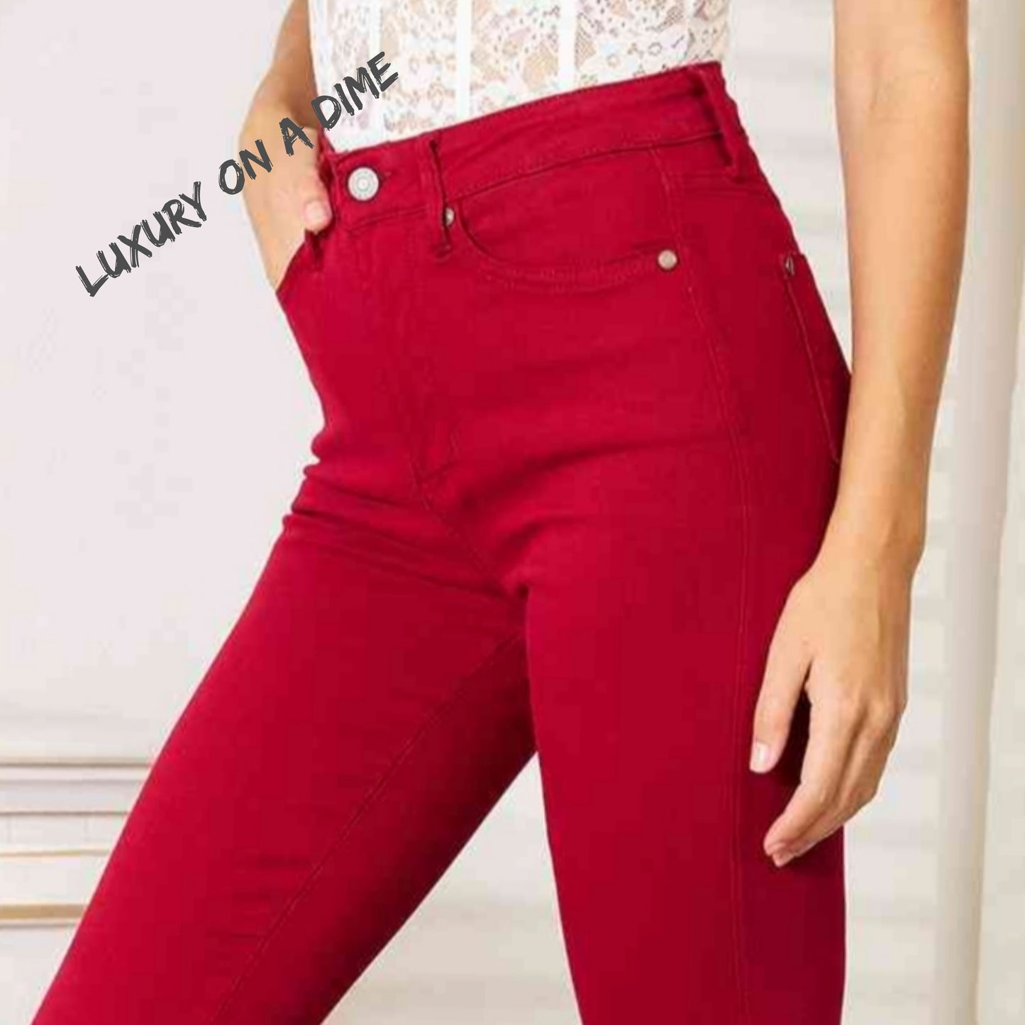 Tummy Control High-Rise Waist Red Demim Judy Blue Skinny Jean Pants