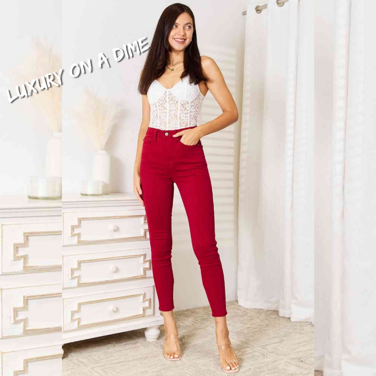 Tummy Control High-Rise Waist Red Demim Judy Blue Skinny Jean Pants