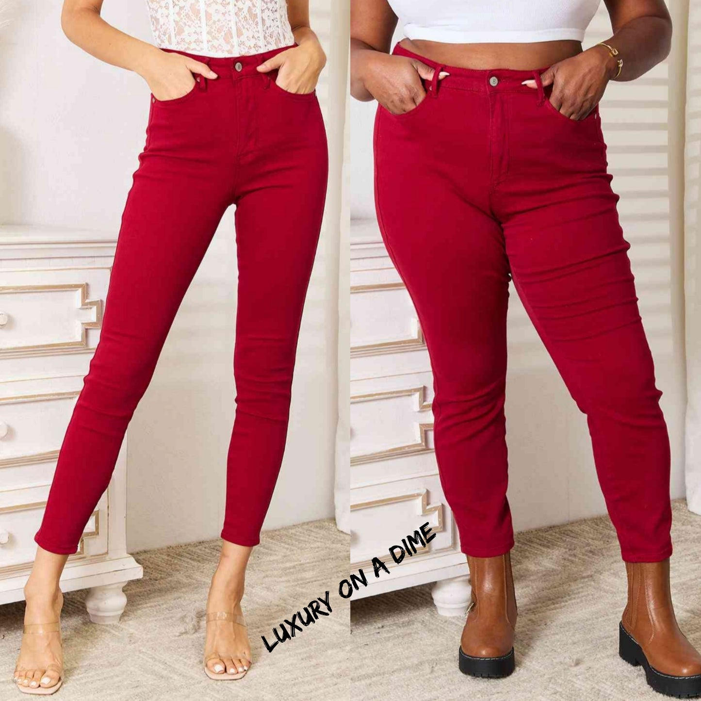 Tummy Control High-Rise Waist Red Demim Judy Blue Skinny Jean Pants