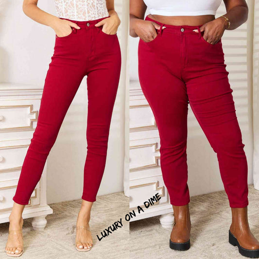 Tummy Control High-Rise Waist Red Demim Judy Blue Skinny Jean Pants
