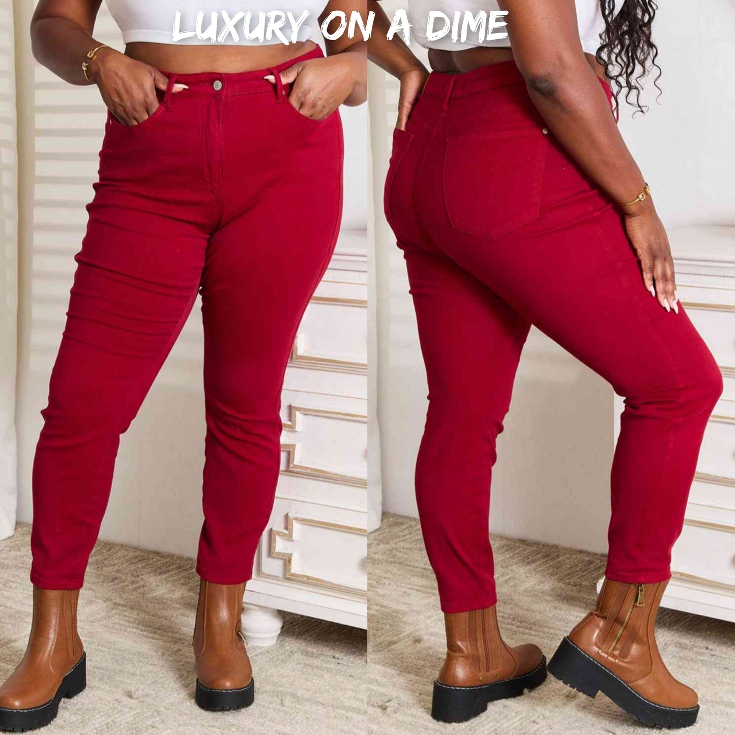 Tummy Control High-Rise Waist Red Demim Judy Blue Skinny Jean Pants