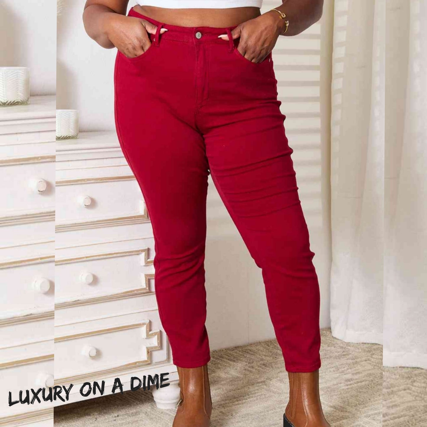 Tummy Control High-Rise Waist Red Demim Judy Blue Skinny Jean Pants