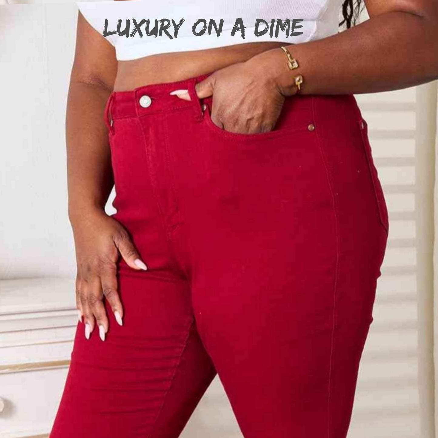 Tummy Control High-Rise Waist Red Demim Judy Blue Skinny Jean Pants