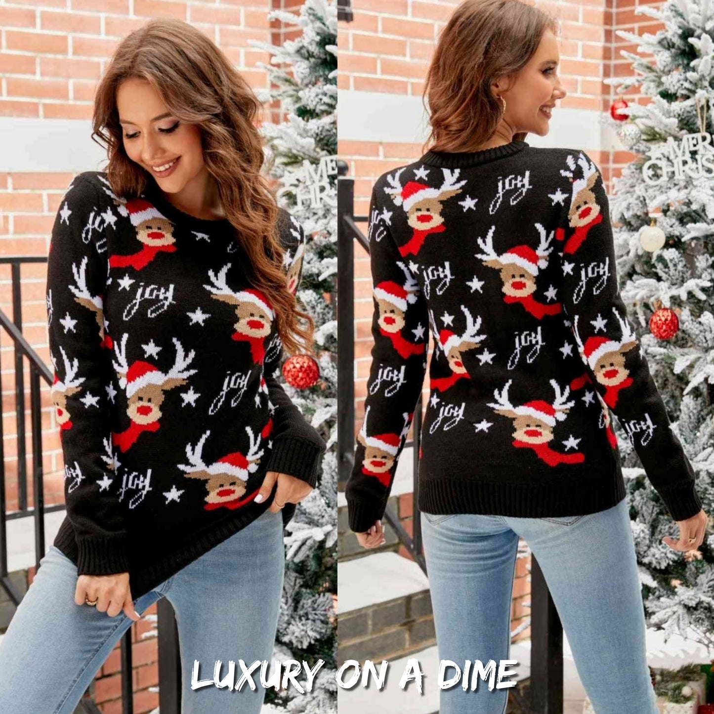 Knit Santa's Reindeer Joy Round Neck Winter Holiday Classic Long Sleeve Sweater