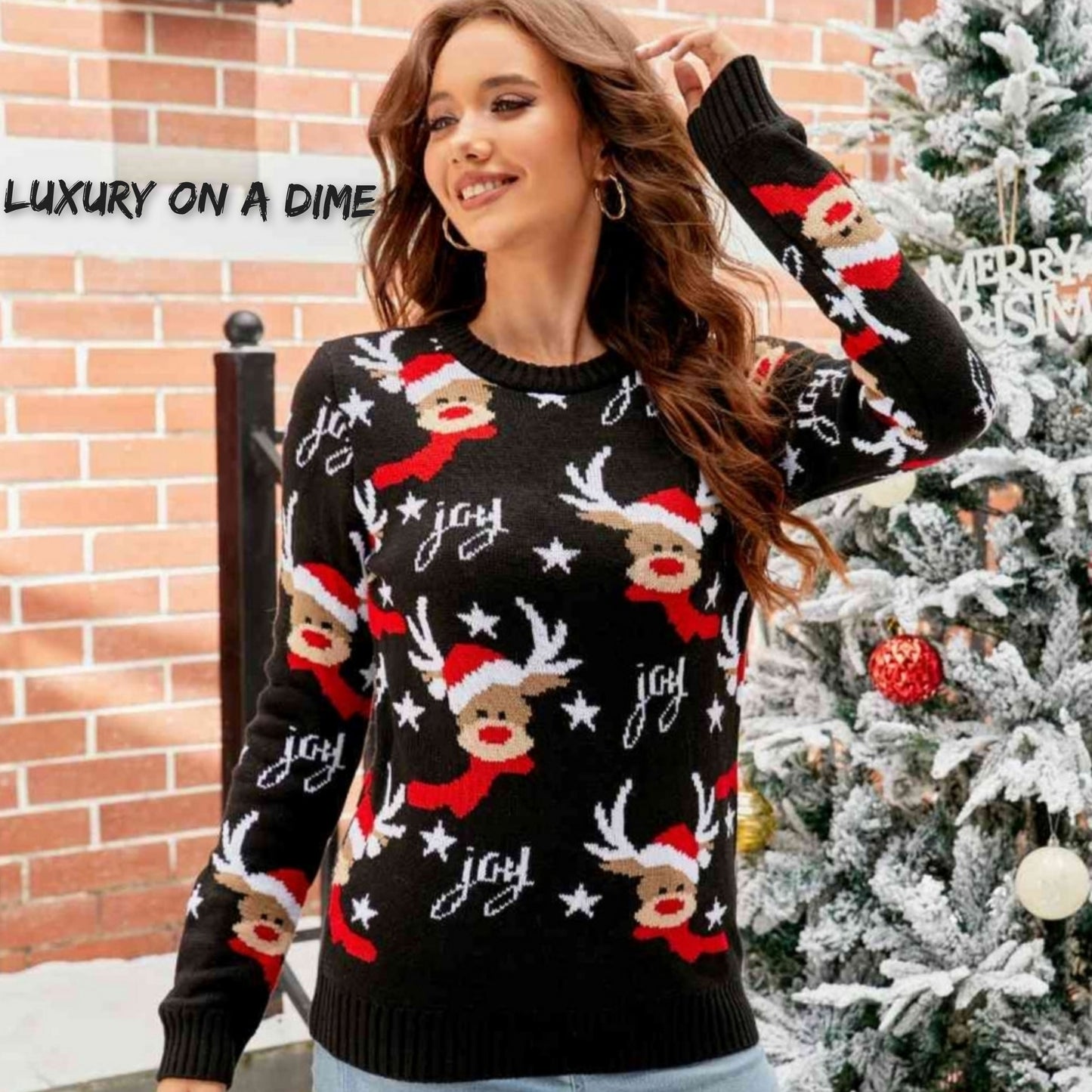 Knit Santa's Reindeer Joy Round Neck Winter Holiday Classic Long Sleeve Sweater