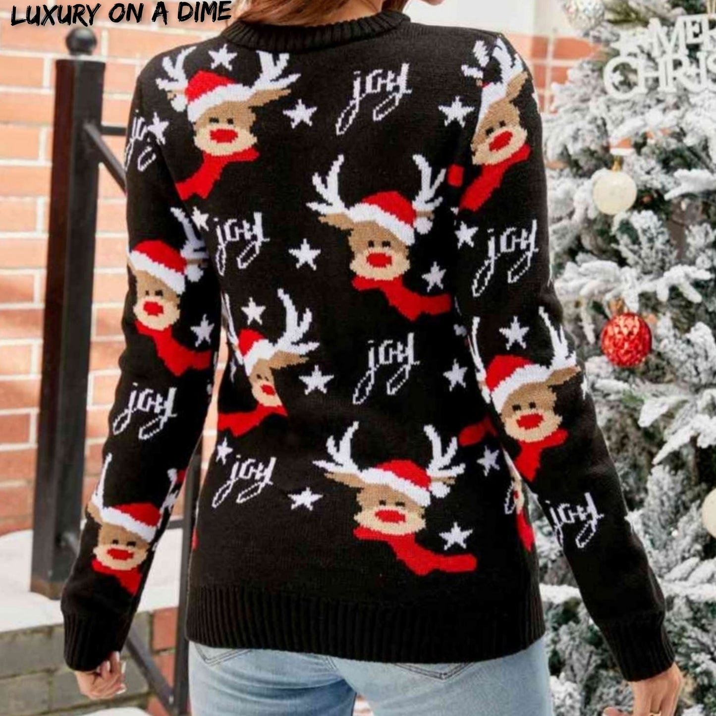 Knit Santa's Reindeer Joy Round Neck Winter Holiday Classic Long Sleeve Sweater