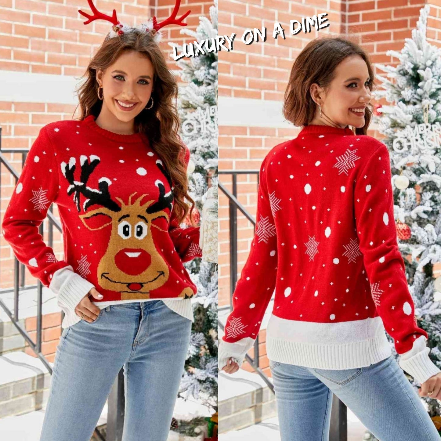 Rudolph Reindeer Winter Holiday Classic Long Sleeve Christmas Knit Sweater