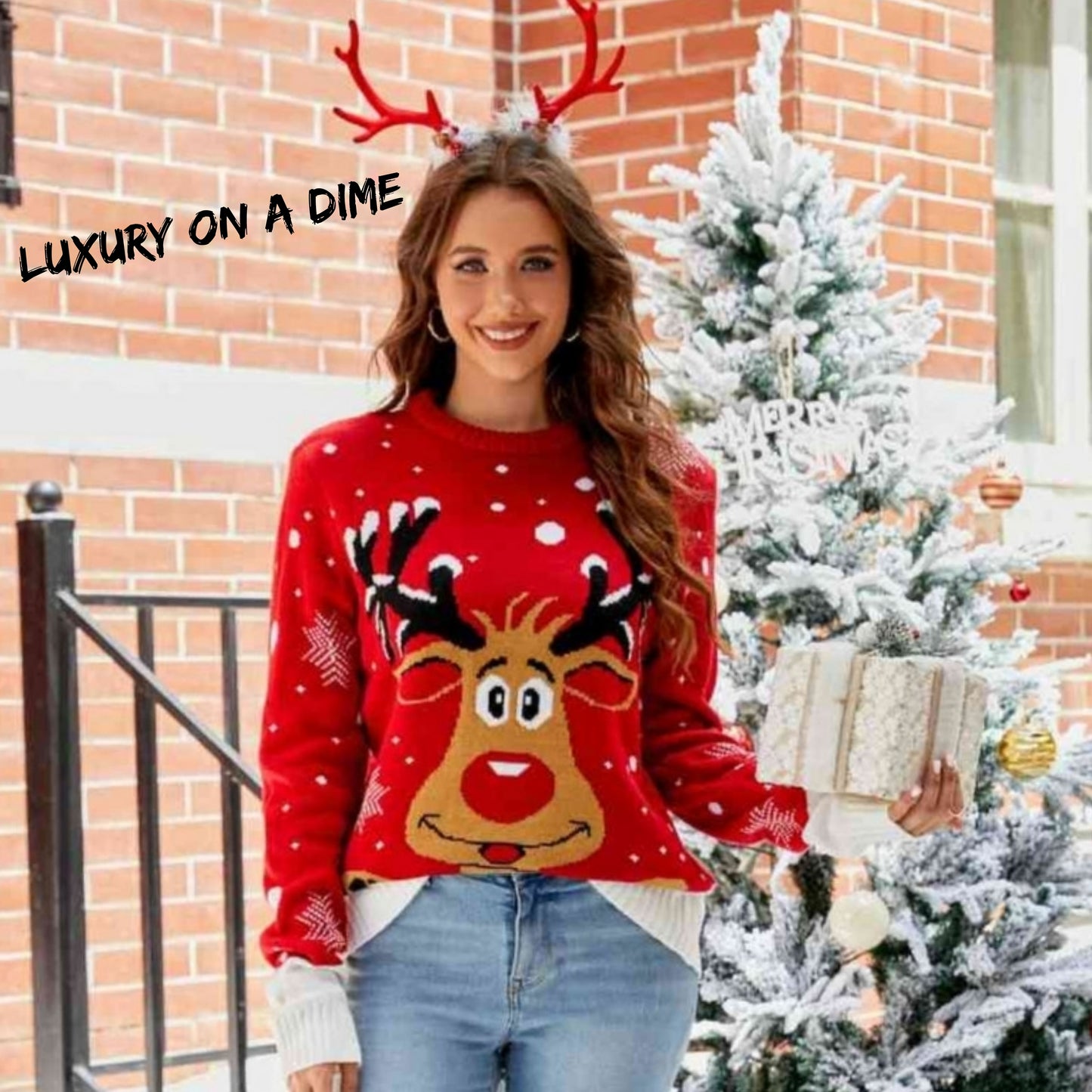 Rudolph Reindeer Winter Holiday Classic Long Sleeve Christmas Knit Sweater