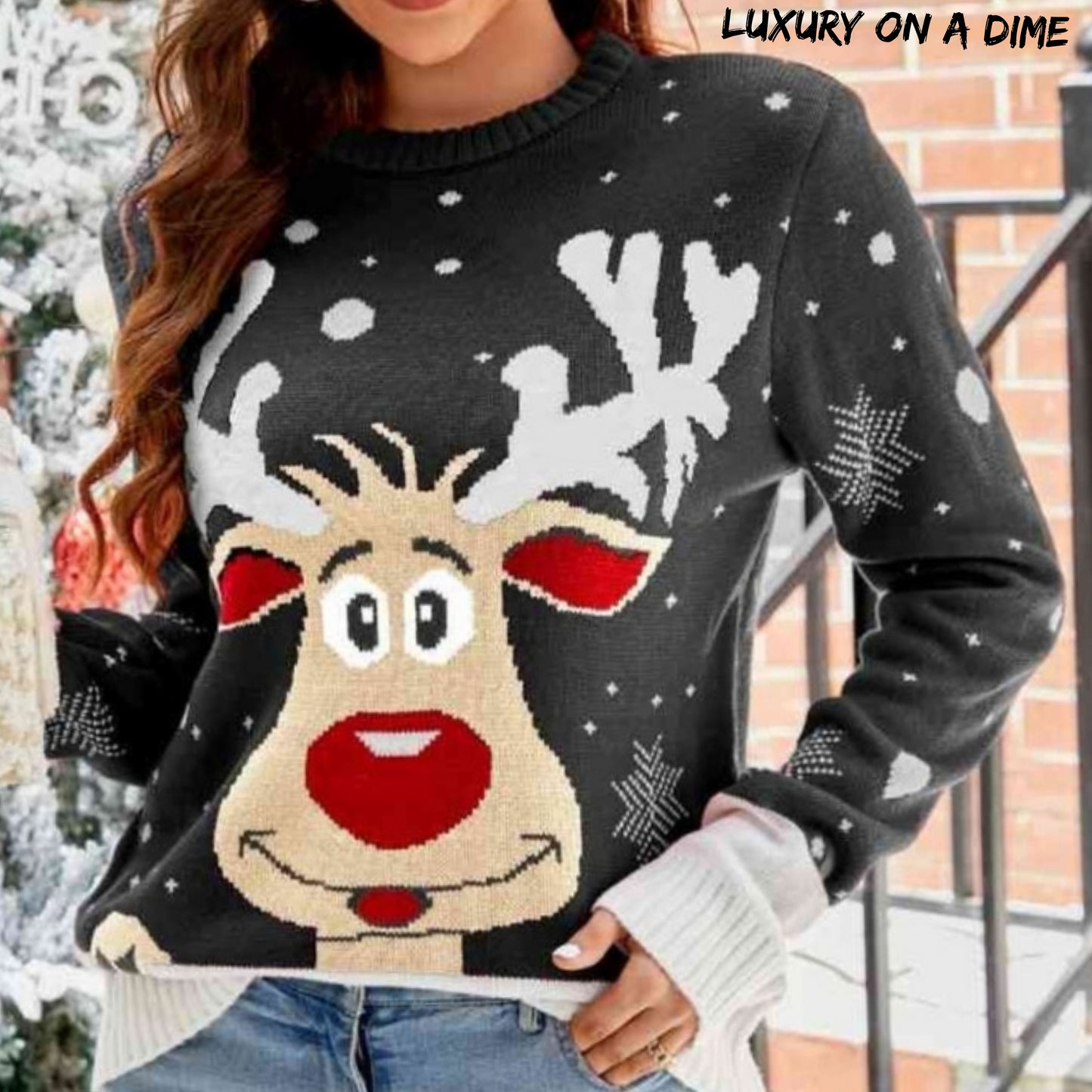 Rudolph Reindeer Winter Holiday Classic Long Sleeve Christmas Knit Sweater