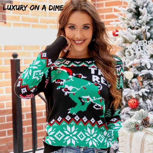 TREE REX Knit Holiday Long Sleeve T-rex Dinosaur Christmas Light Fun Sweater