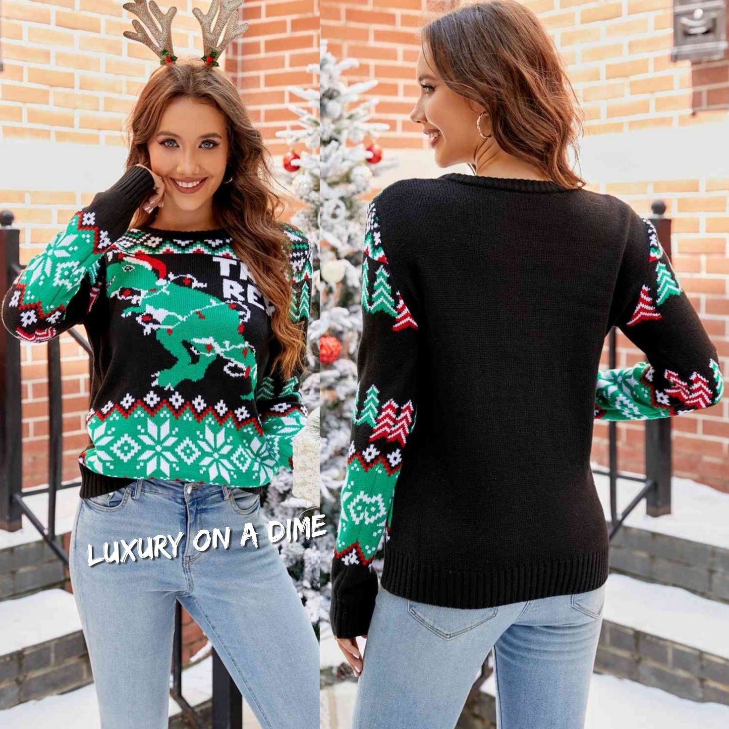 TREE REX Knit Holiday Long Sleeve T-rex Dinosaur Christmas Light Fun Sweater