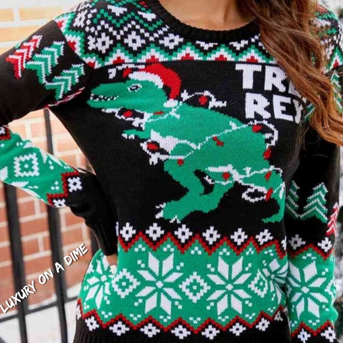 TREE REX Knit Holiday Long Sleeve T-rex Dinosaur Christmas Light Fun Sweater