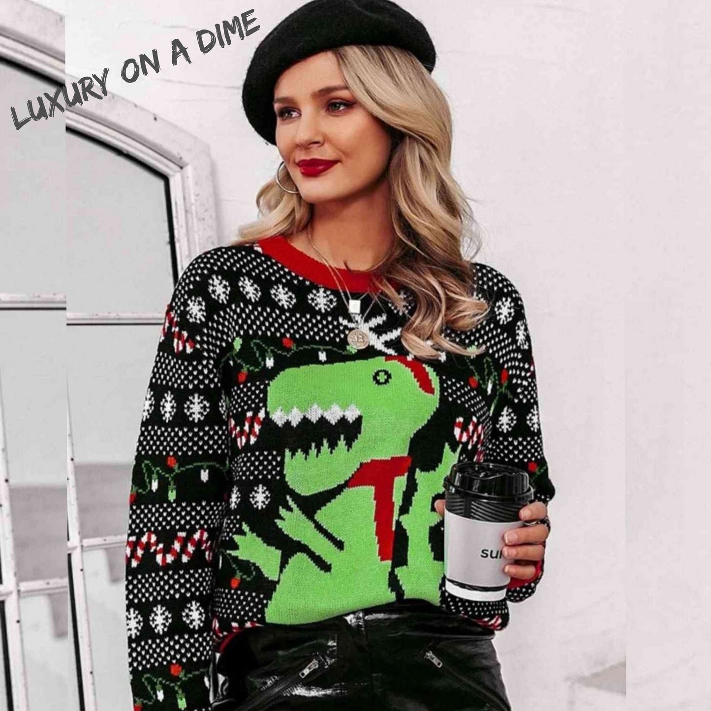 T-Rex Knit Dinosaur Holiday Christmas Light Fun Long Sleeve Sweater