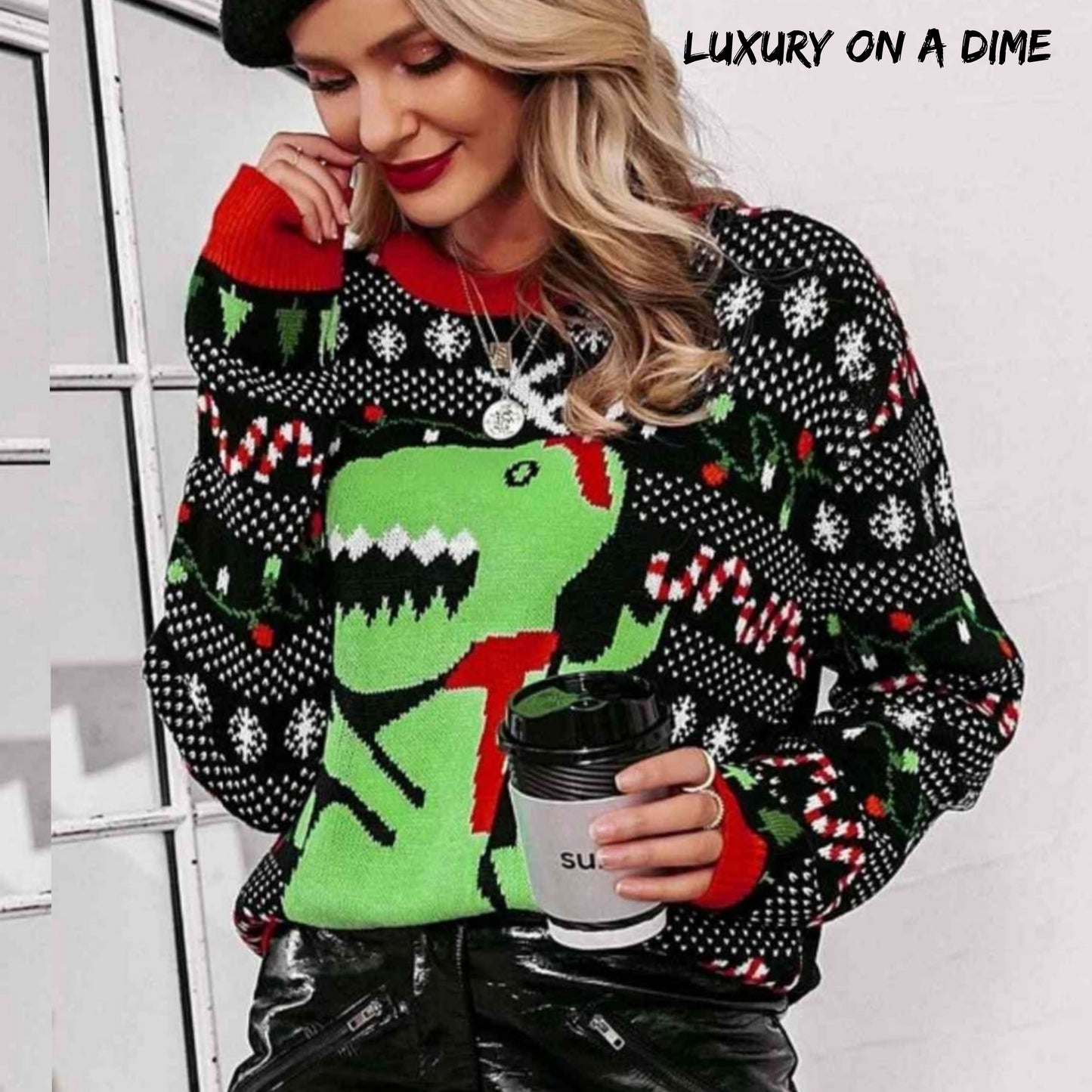 T-Rex Knit Dinosaur Holiday Christmas Light Fun Long Sleeve Sweater