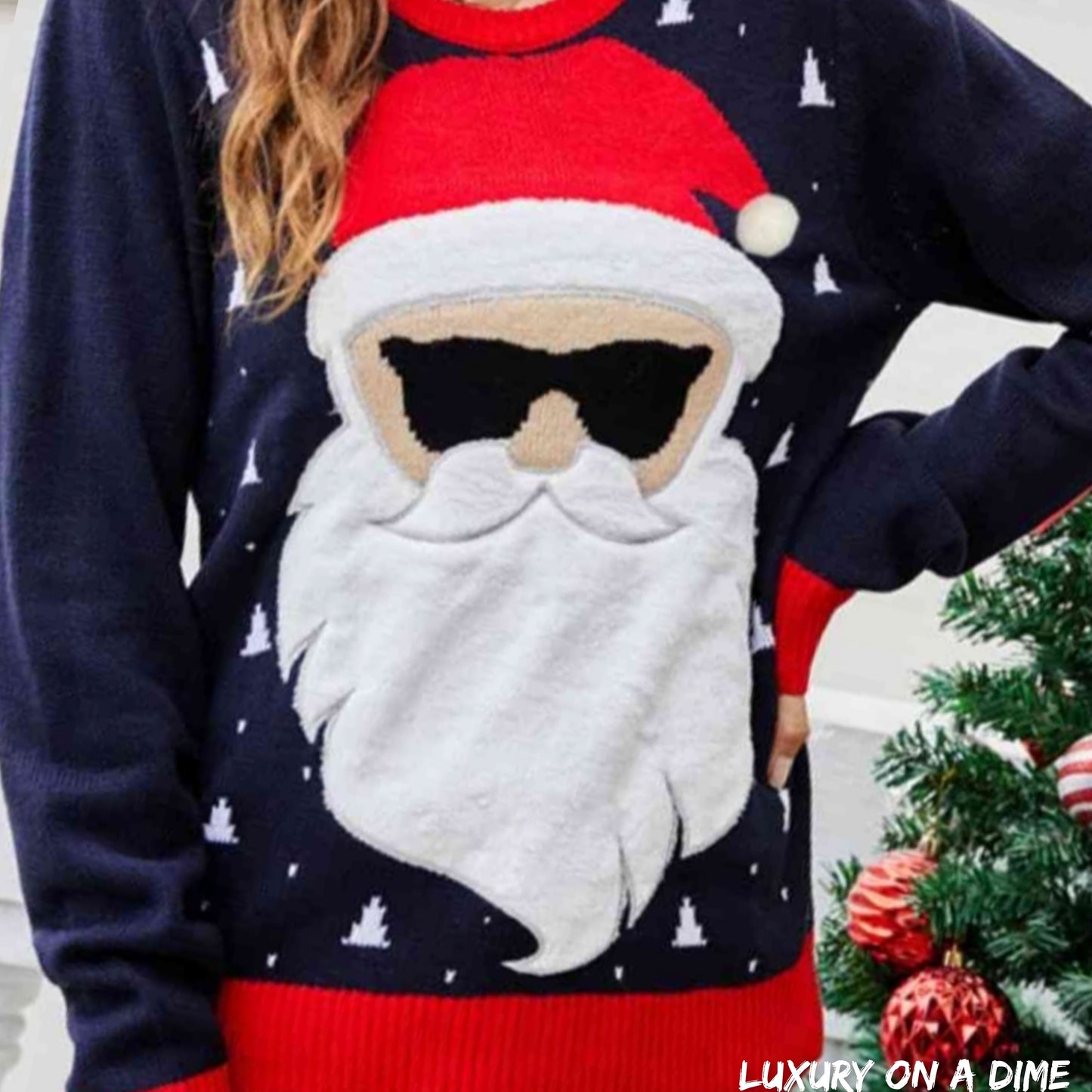 Fuzzy Embroidered Santa Claus Holiday Christmas Long Sleeve Sweater
