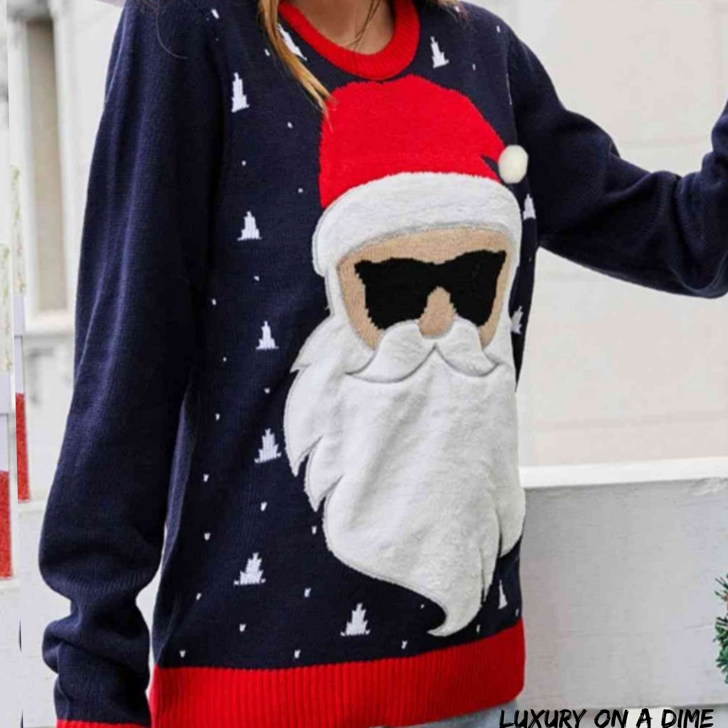 Fuzzy Embroidered Santa Claus Holiday Christmas Long Sleeve Sweater