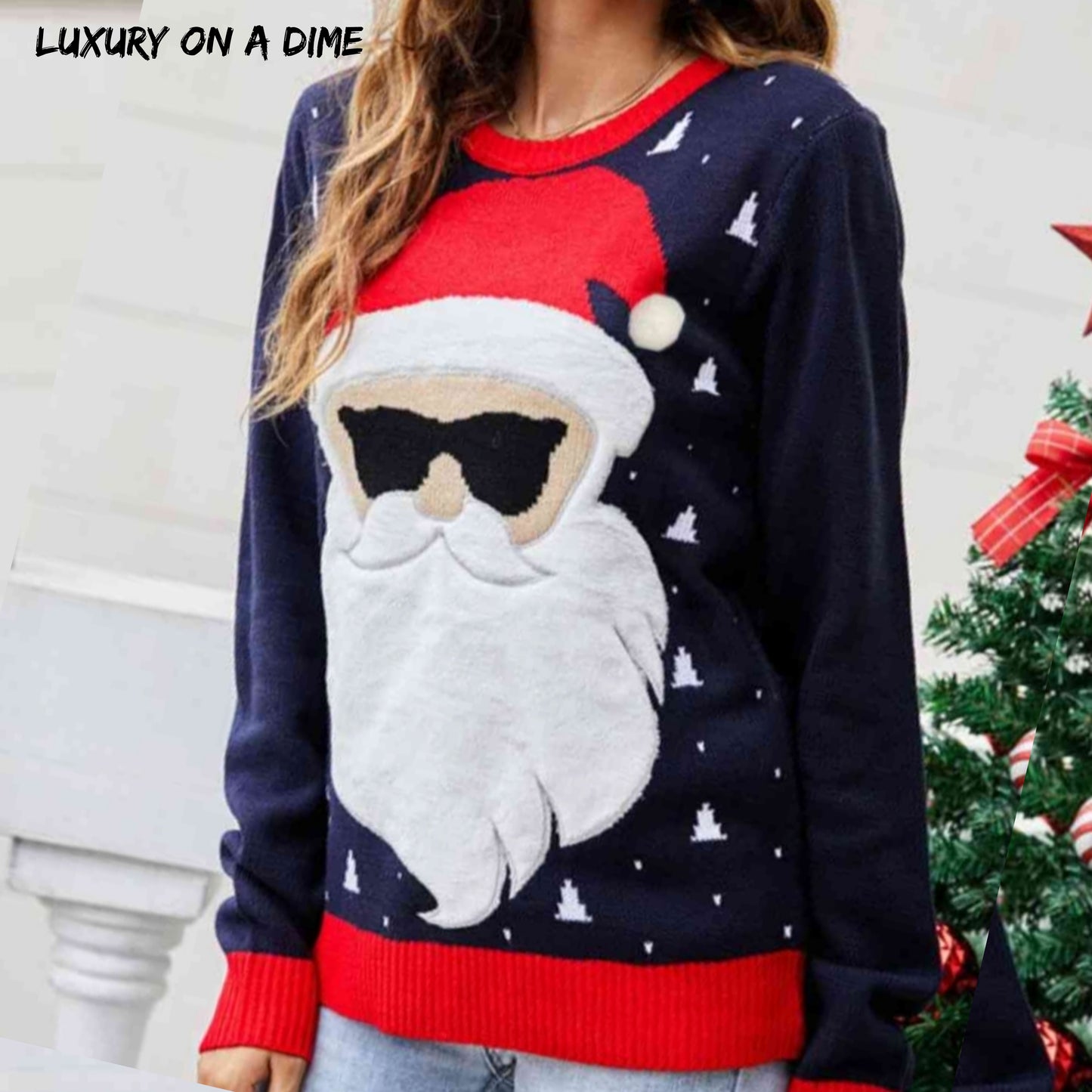 Fuzzy Embroidered Santa Claus Holiday Christmas Long Sleeve Sweater