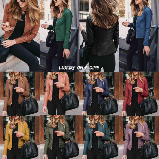 Chic Moto Vegan Leather Jacket Zip-up Sleek Snap Mock Neck