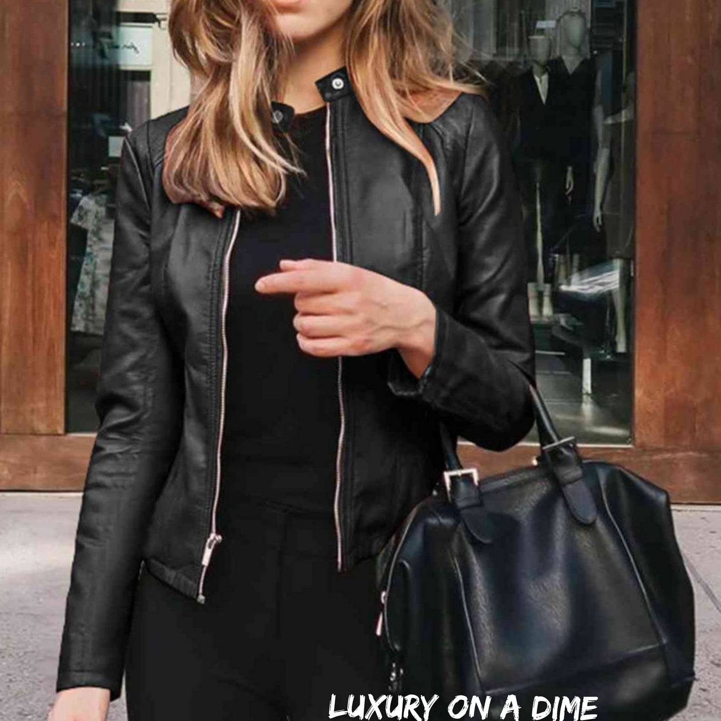 Chic Moto Vegan Leather Jacket Zip-up Sleek Snap Mock Neck