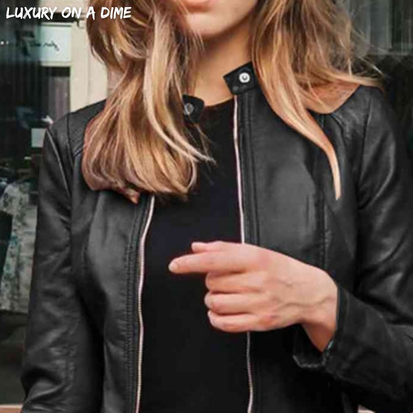 Chic Moto Vegan Leather Jacket Zip-up Sleek Snap Mock Neck