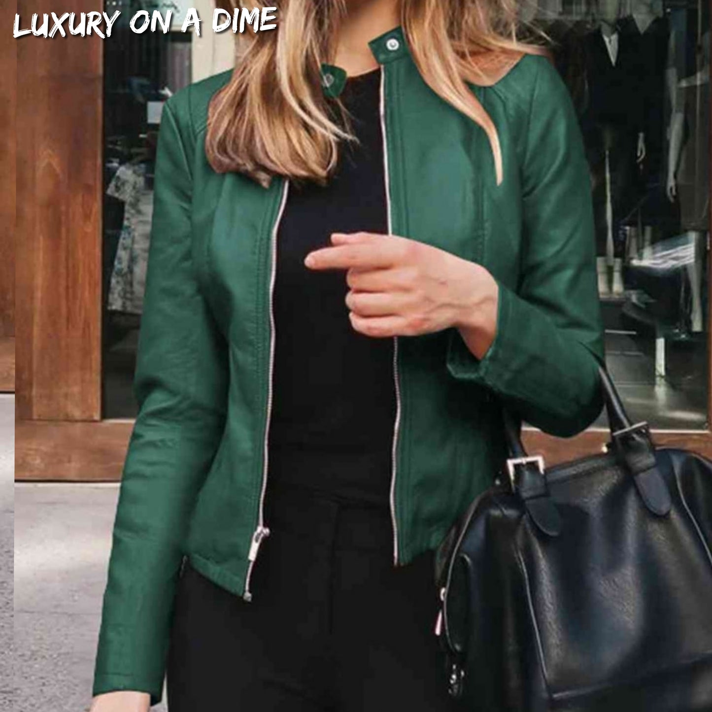Chic Moto Vegan Leather Jacket Zip-up Sleek Snap Mock Neck