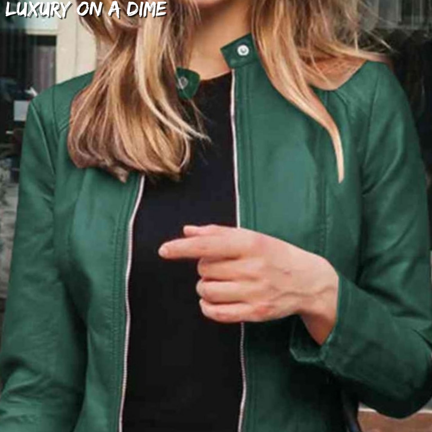 Chic Moto Vegan Leather Jacket Zip-up Sleek Snap Mock Neck