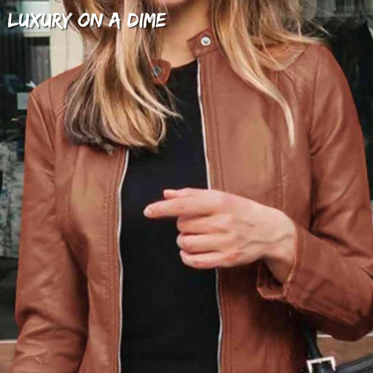 Chic Moto Vegan Leather Jacket Zip-up Sleek Snap Mock Neck