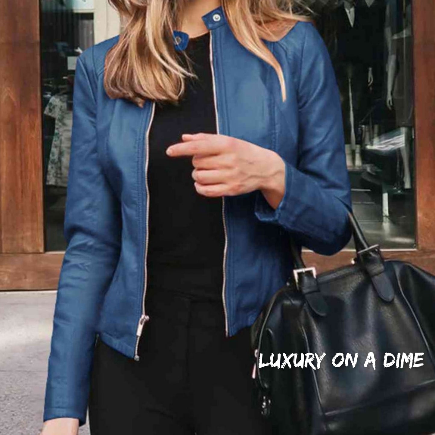 Chic Moto Vegan Leather Jacket Zip-up Sleek Snap Mock Neck