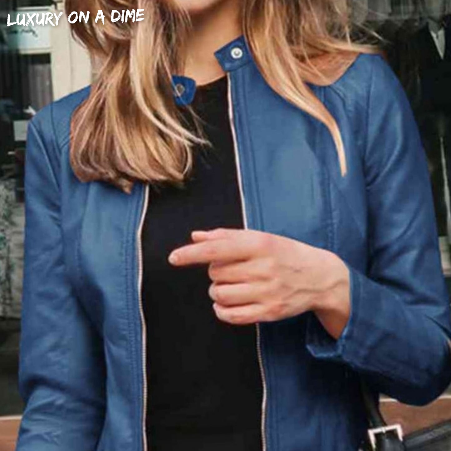 Chic Moto Vegan Leather Jacket Zip-up Sleek Snap Mock Neck